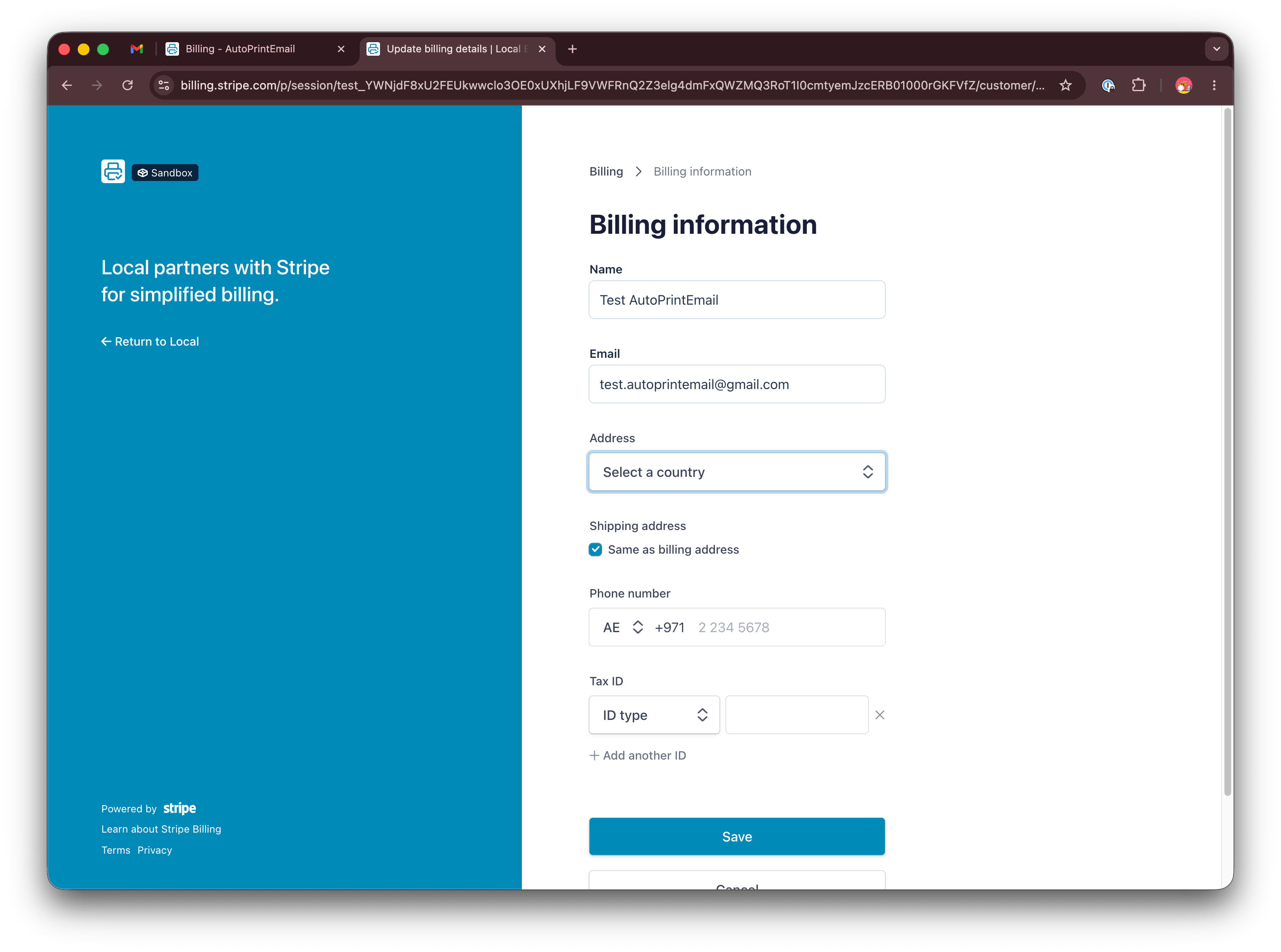 Stripe portal Update information button