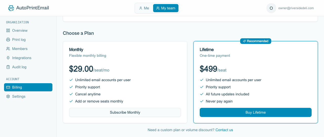 The Choose a Plan cards on the Billing page, monthly and lifetime