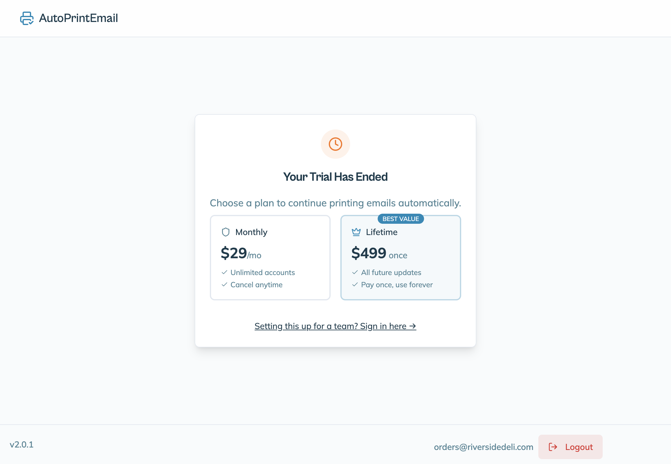 The Your Trial Has Ended screen with the monthly and lifetime plans