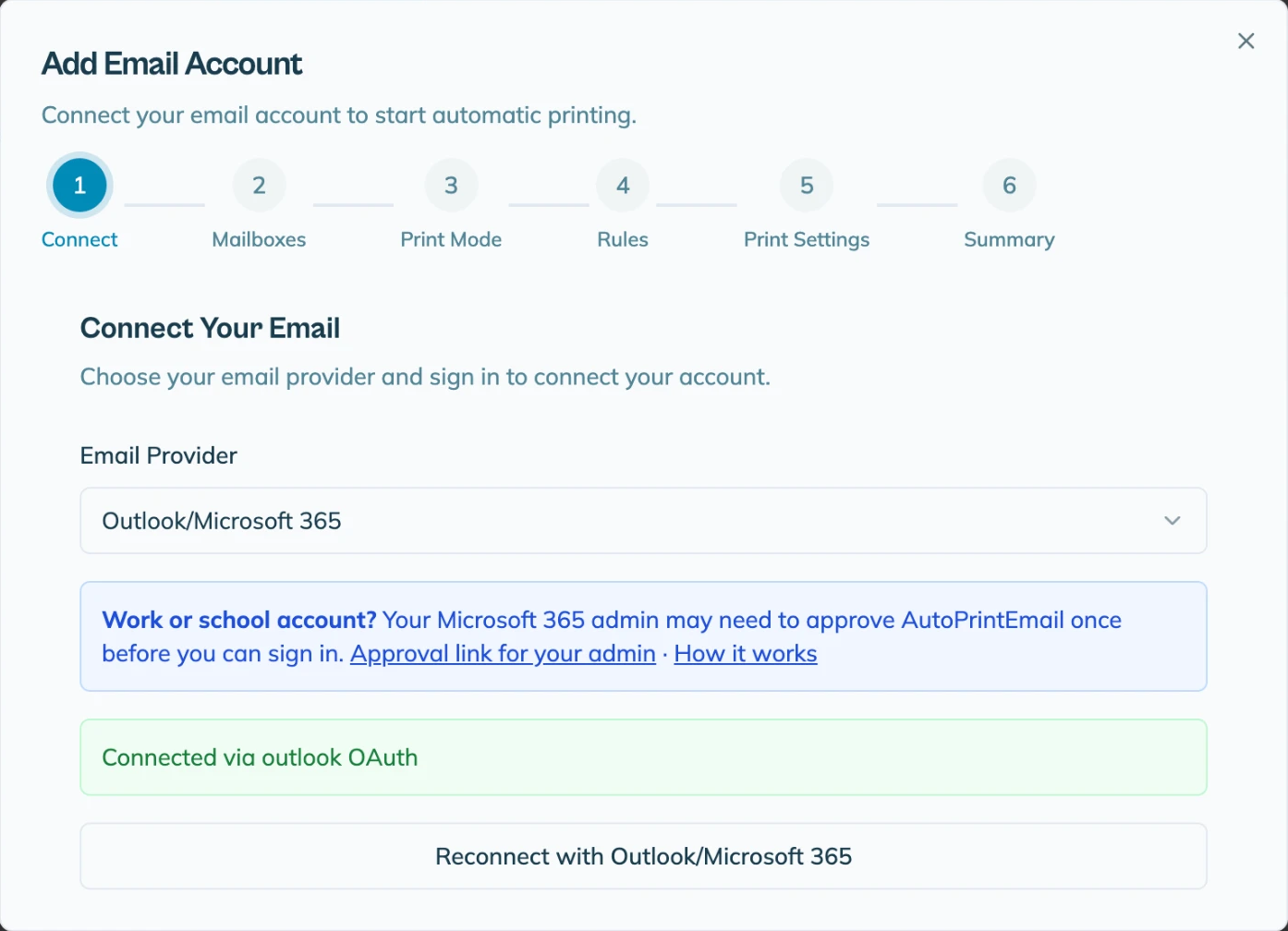 AutoPrintEmail Add Email Account wizard connected to Outlook/Microsoft 365 with Microsoft sign-in