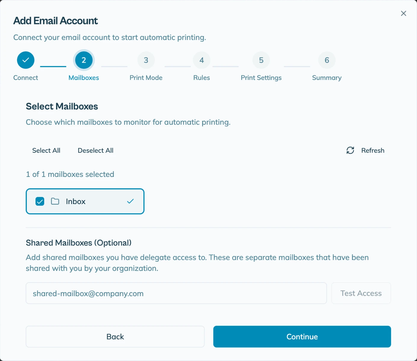 Mailboxes step of the AutoPrintEmail wizard with the Shared Mailboxes field and the Test Access button