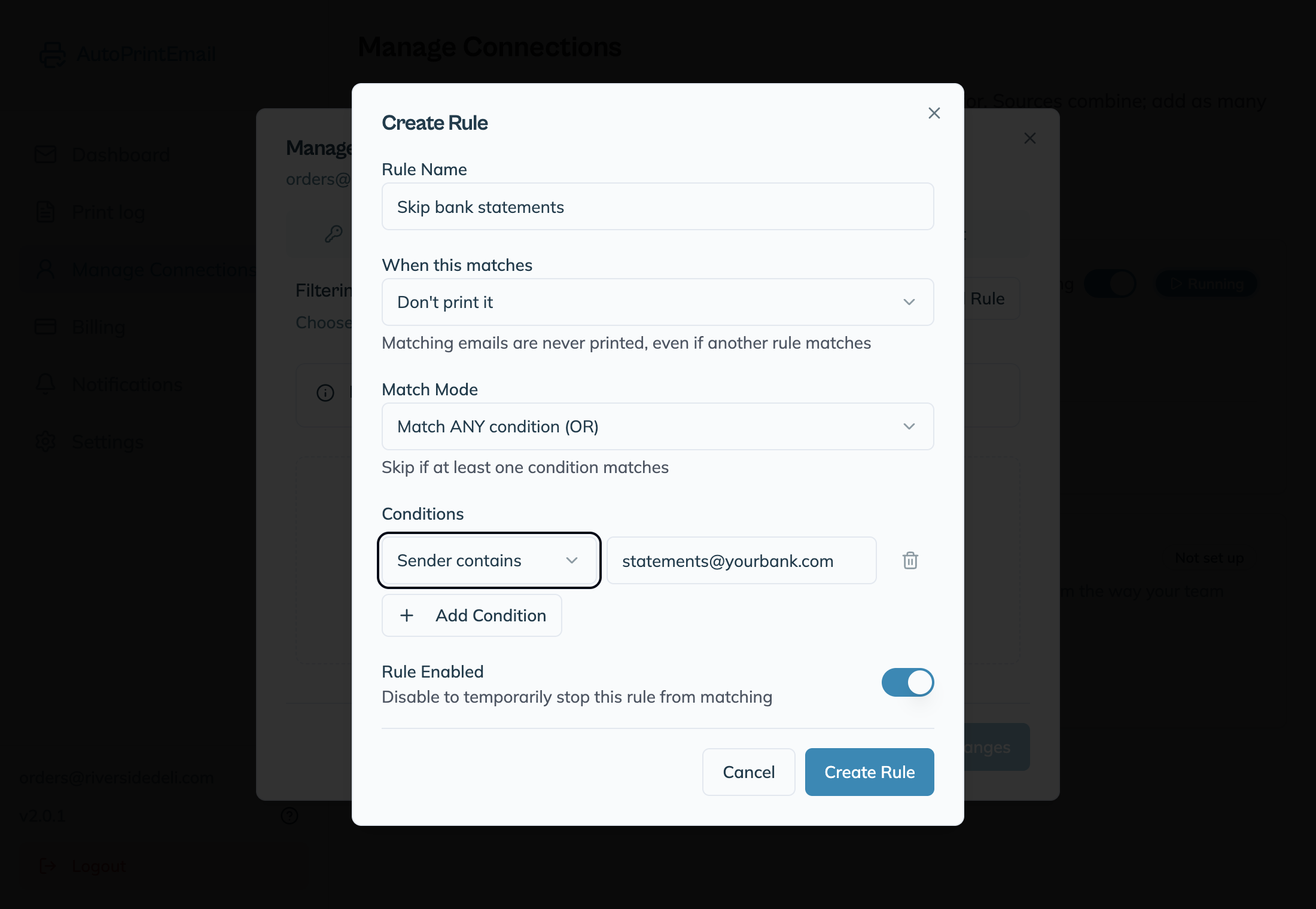 The Create Rule dialog set to Don't print it, with a Sender contains condition