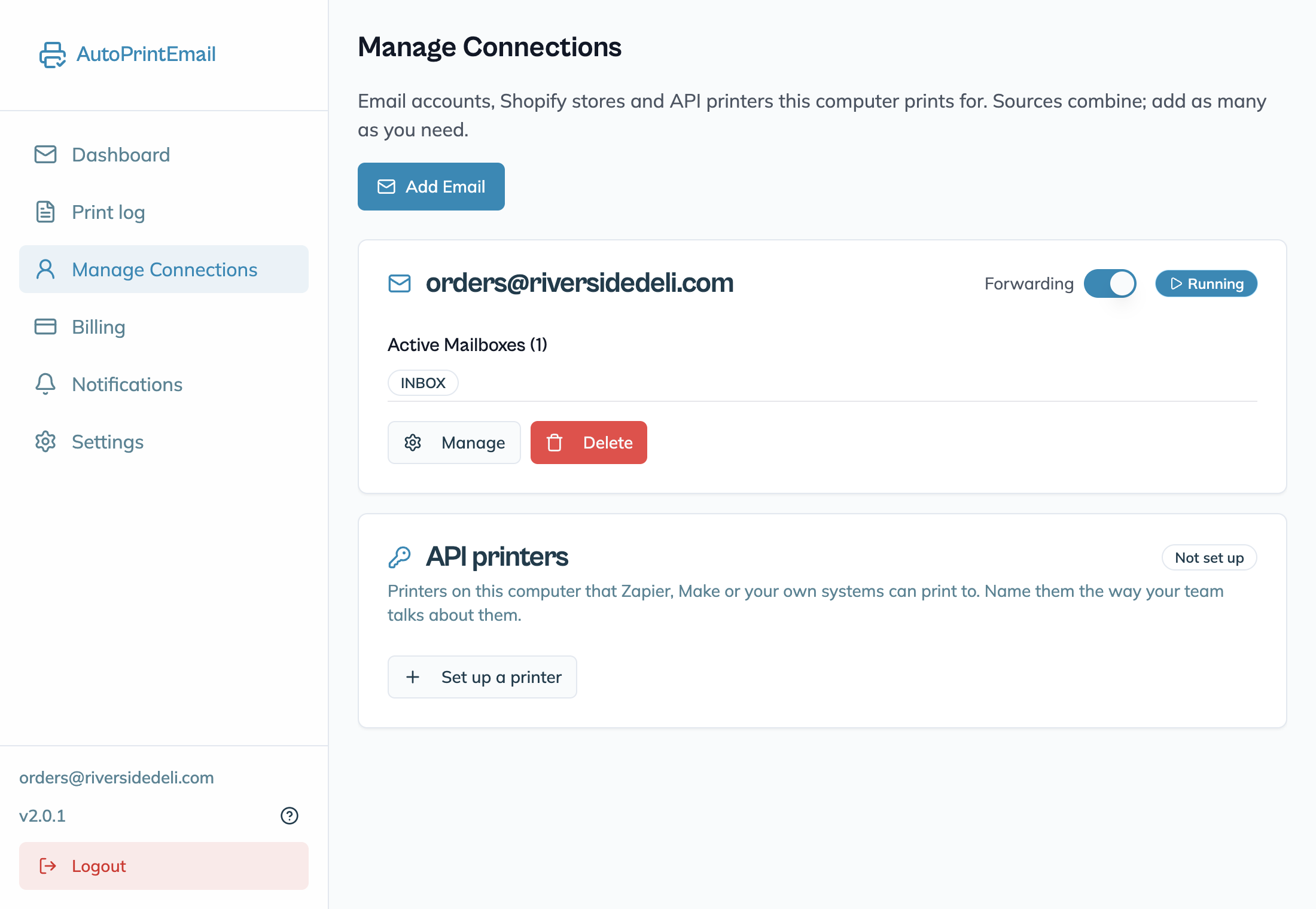 A mailbox card on Manage Connections with the Forwarding switch, Manage and Delete