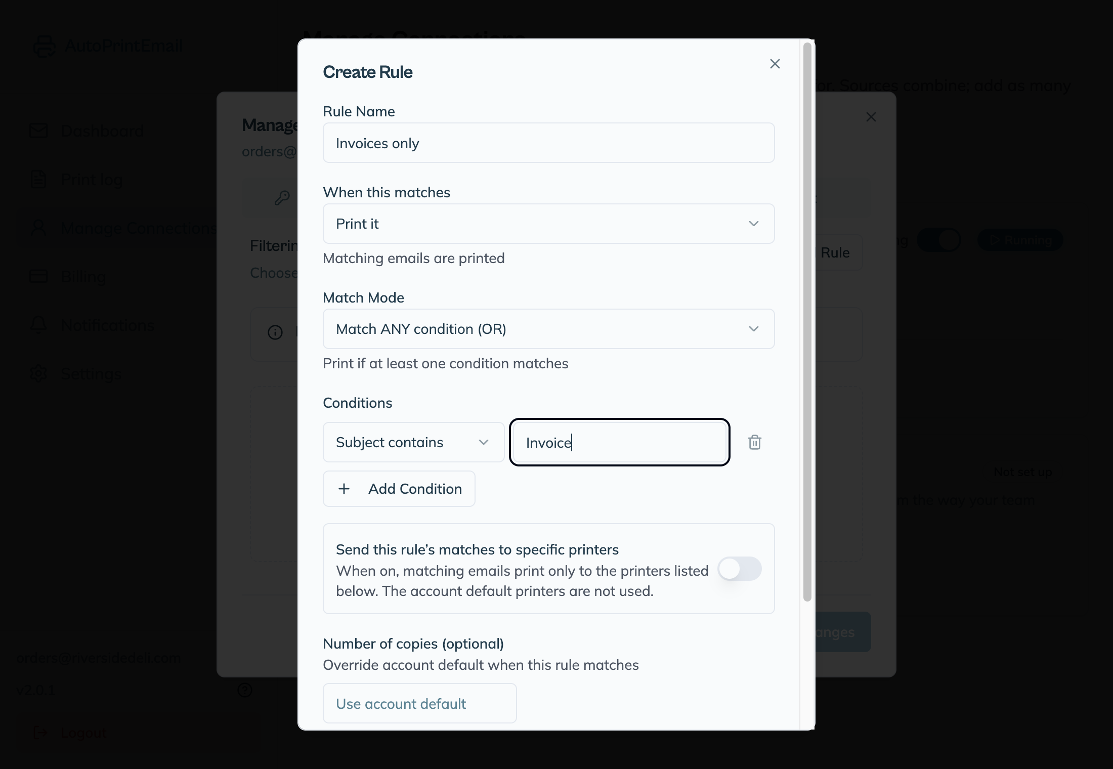 The Create Rule dialog