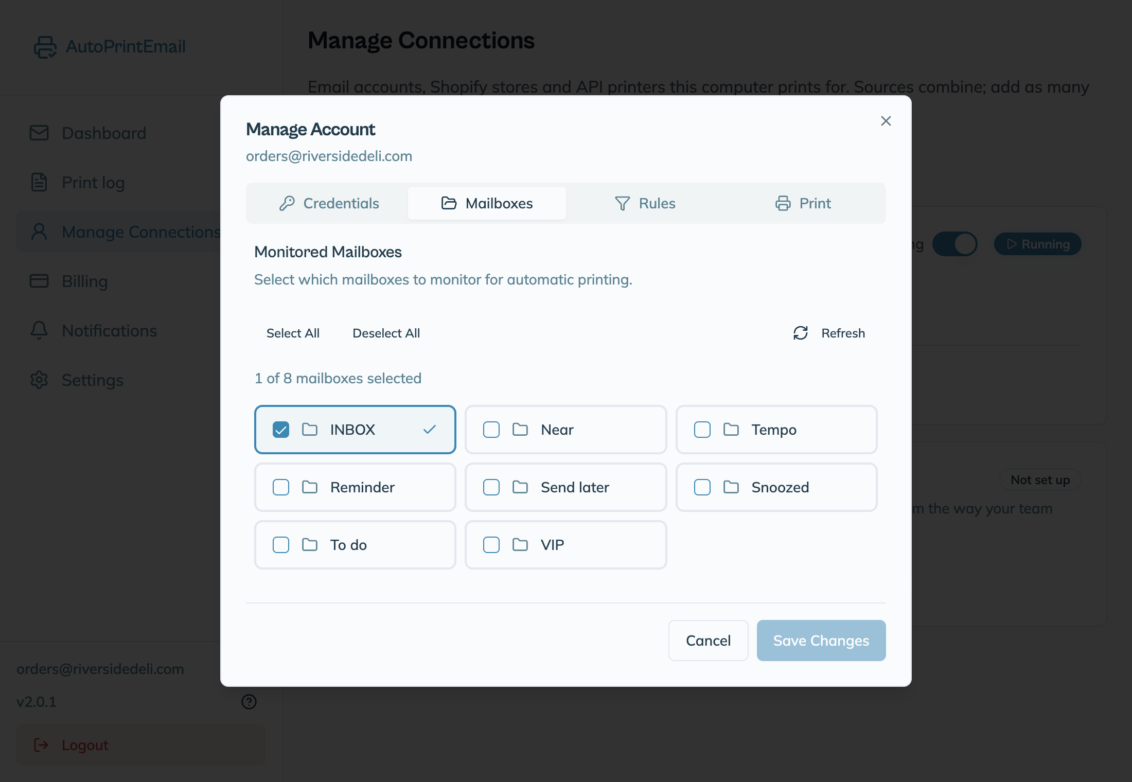 The Mailboxes tab with Inbox ticked