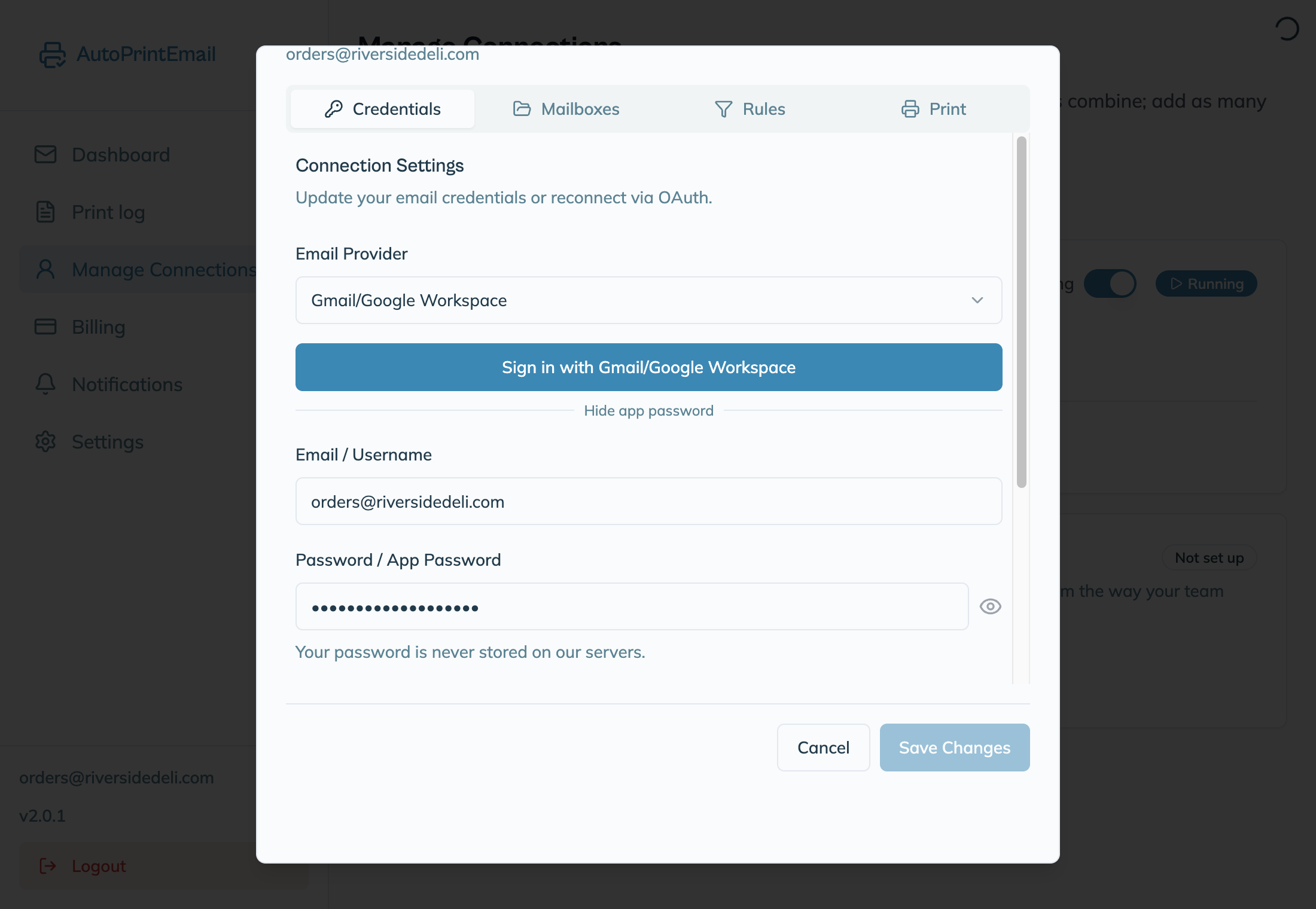 The Credentials tab of Manage Account