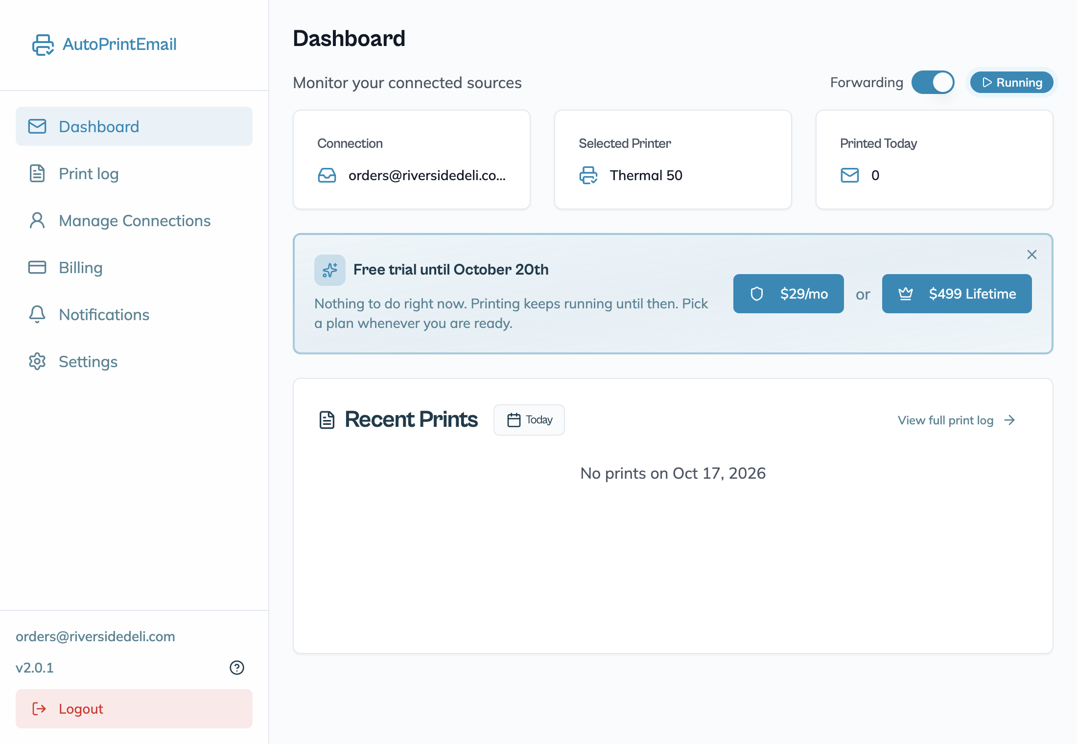 The dashboard after setup, monitoring the connected mailbox