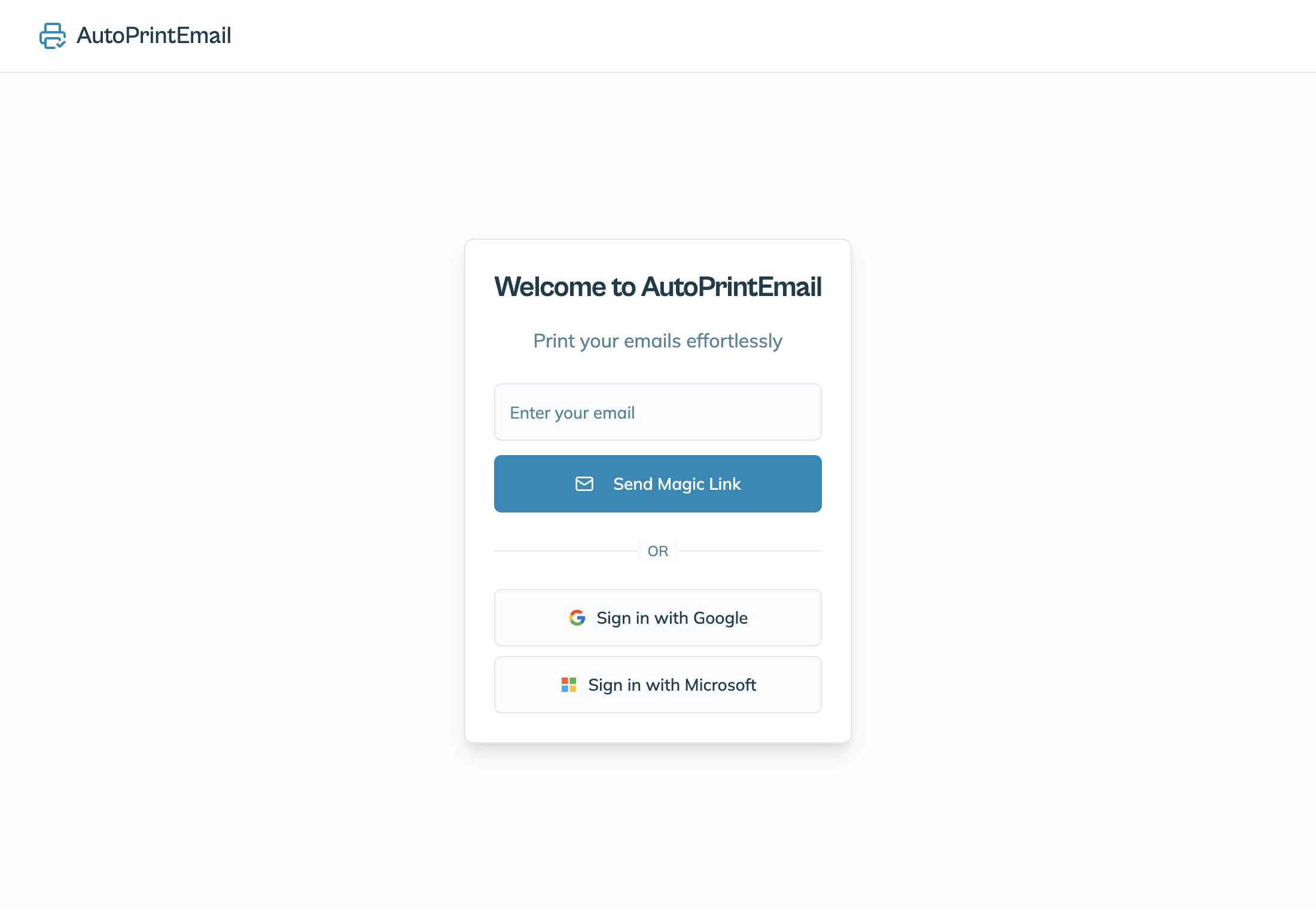 The AutoPrintEmail welcome screen with the email field and the Google and Microsoft sign-in buttons