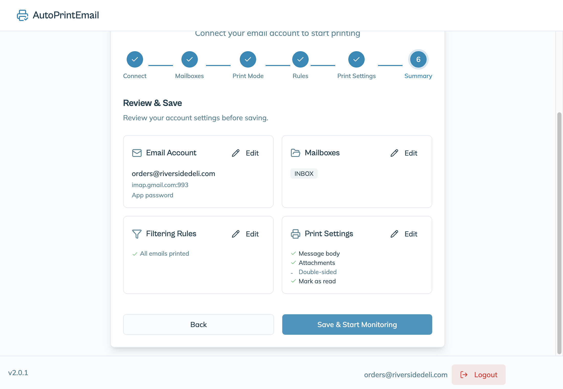 The Review & Save step with the Save & Start Monitoring button