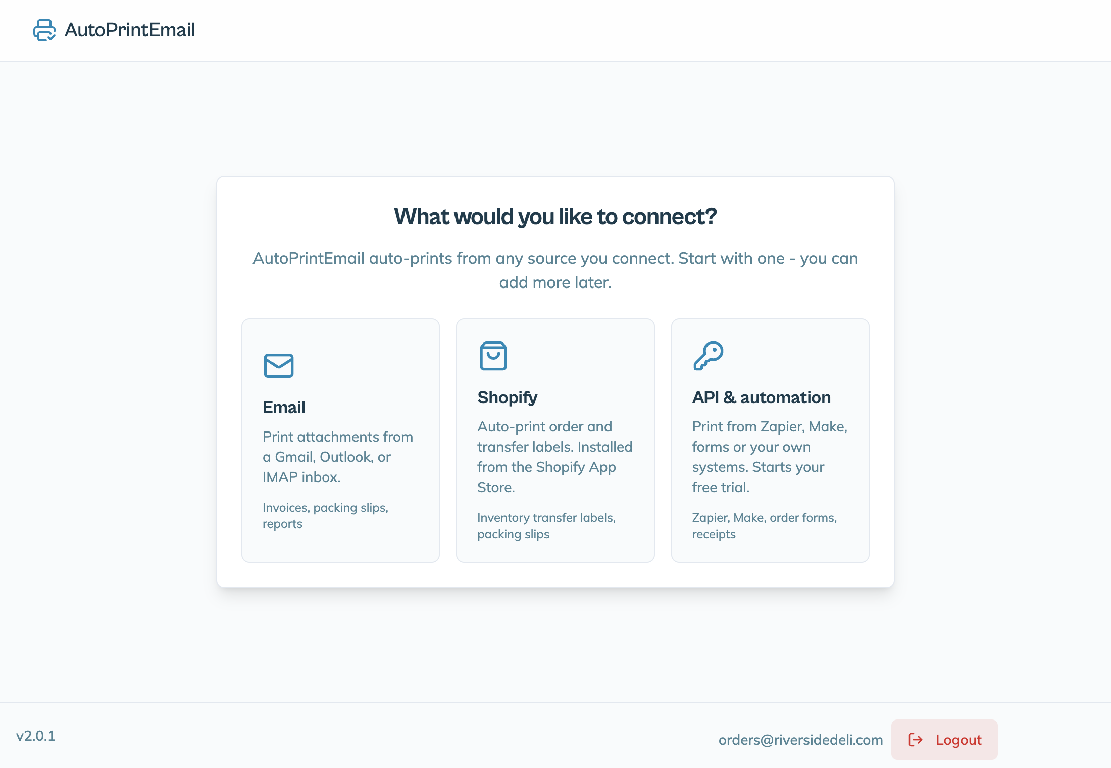 The What would you like to connect? screen with Email, Shopify and API & automation