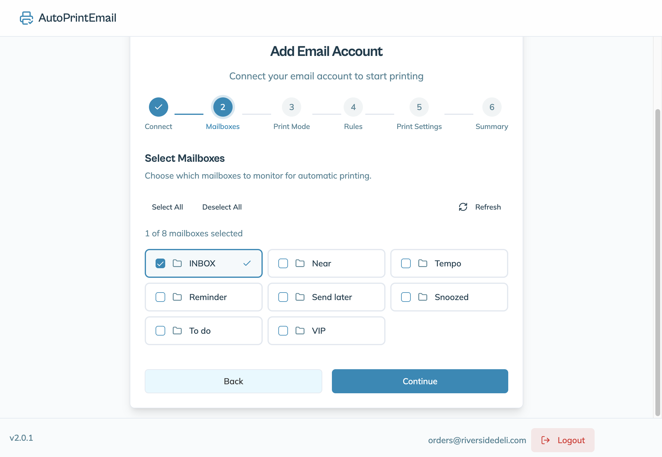 The Select Mailboxes step with Inbox ticked
