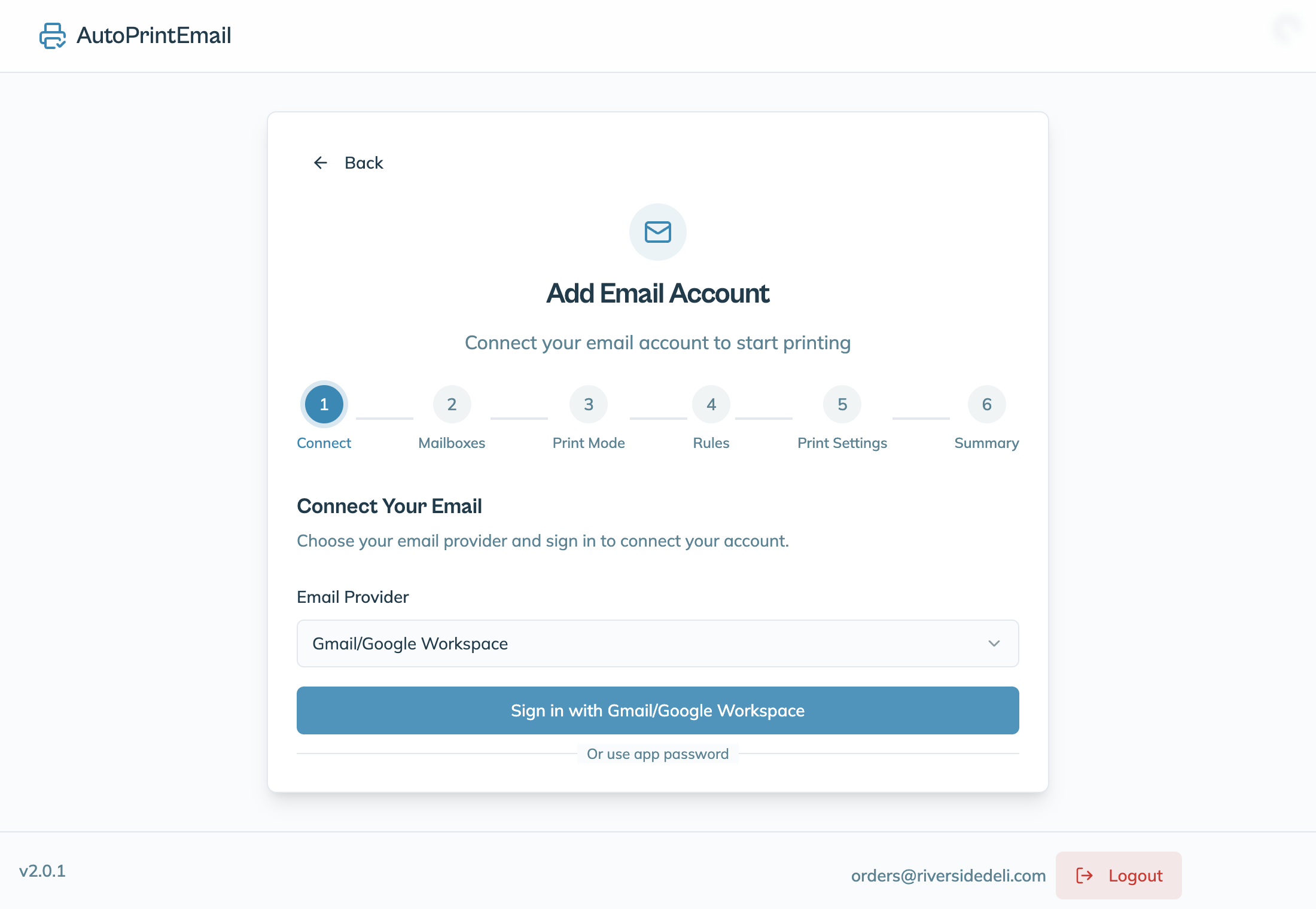 The Add Email Account step with the Email Provider list and the sign-in button