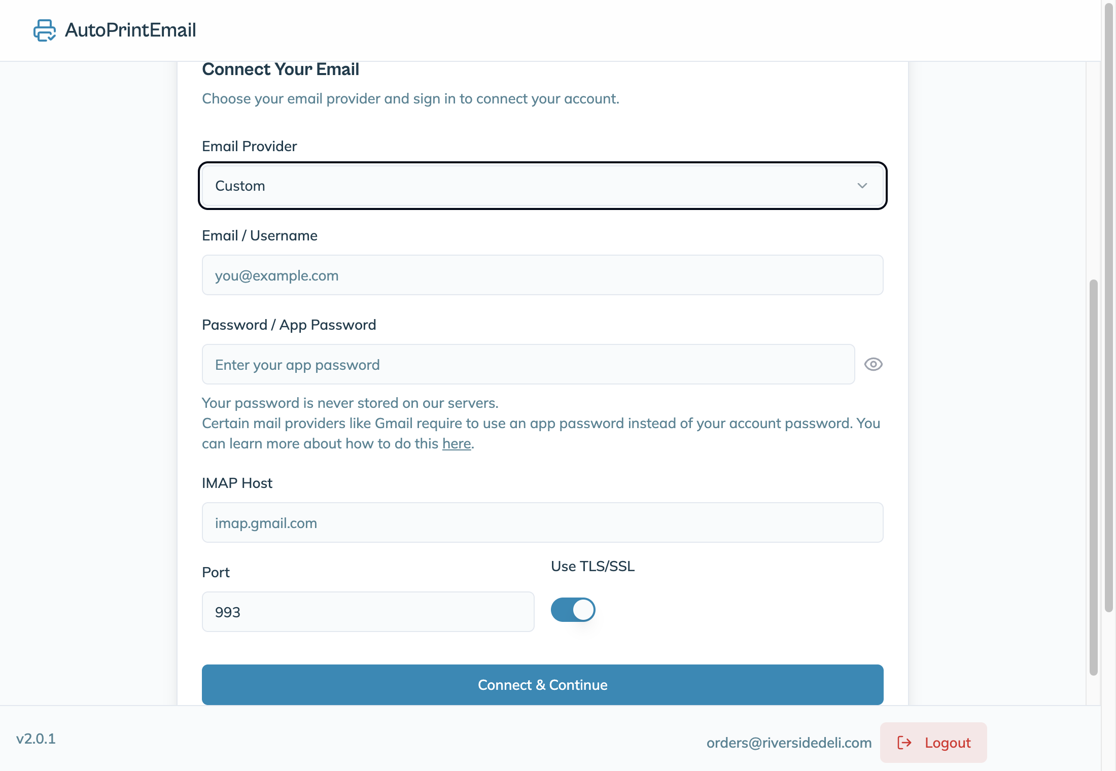 The Custom provider form with email, password, IMAP Host, Port and Use TLS/SSL