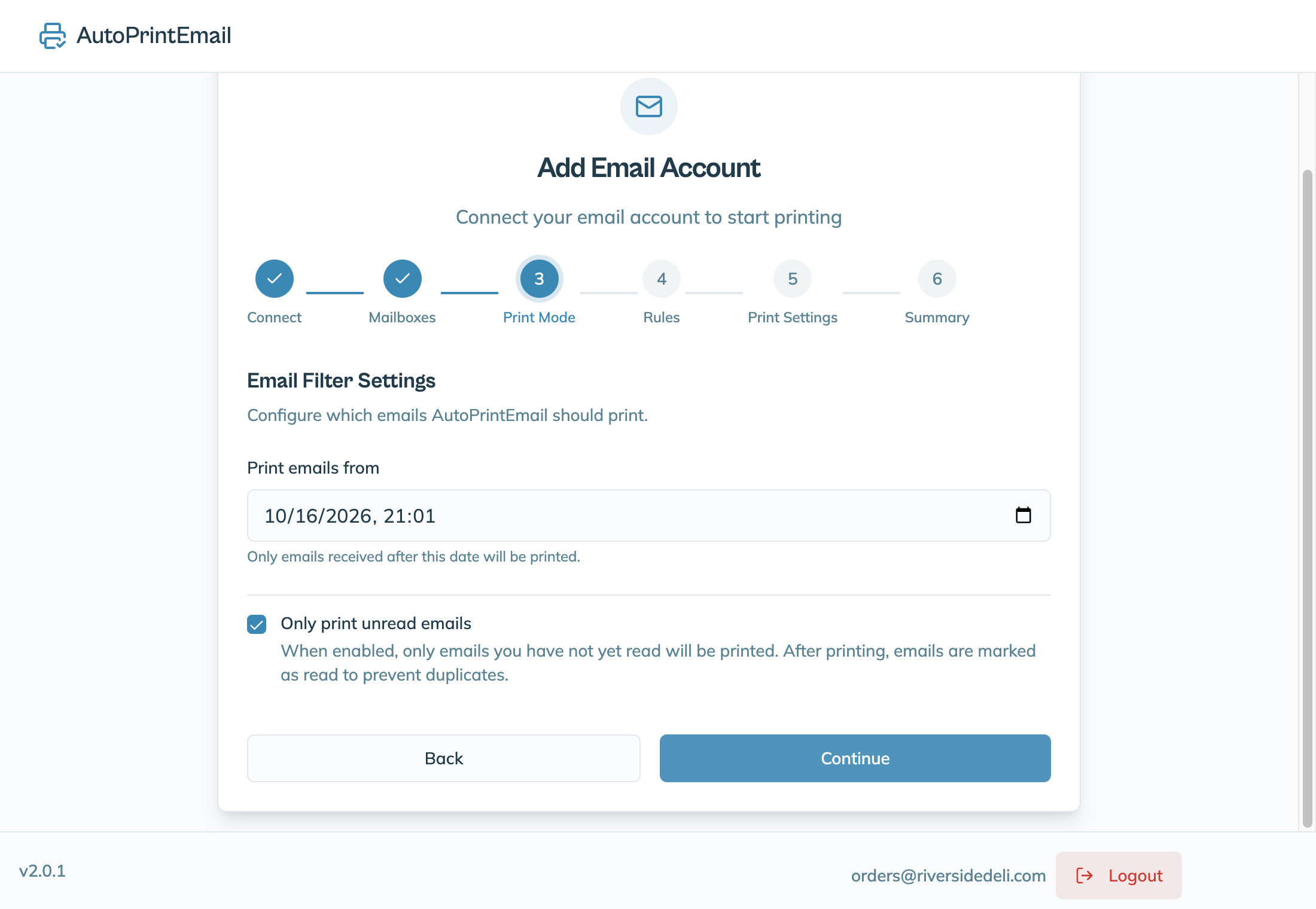 The Email Filter Settings step with the start date and the unread setting