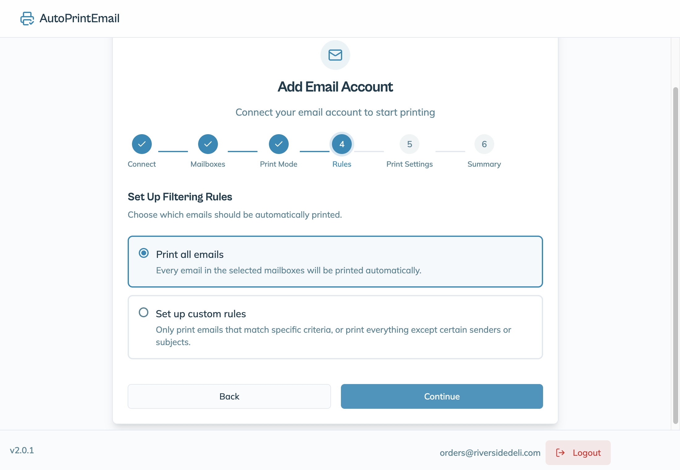 The Set Up Filtering Rules step with Print all emails and Set up custom rules