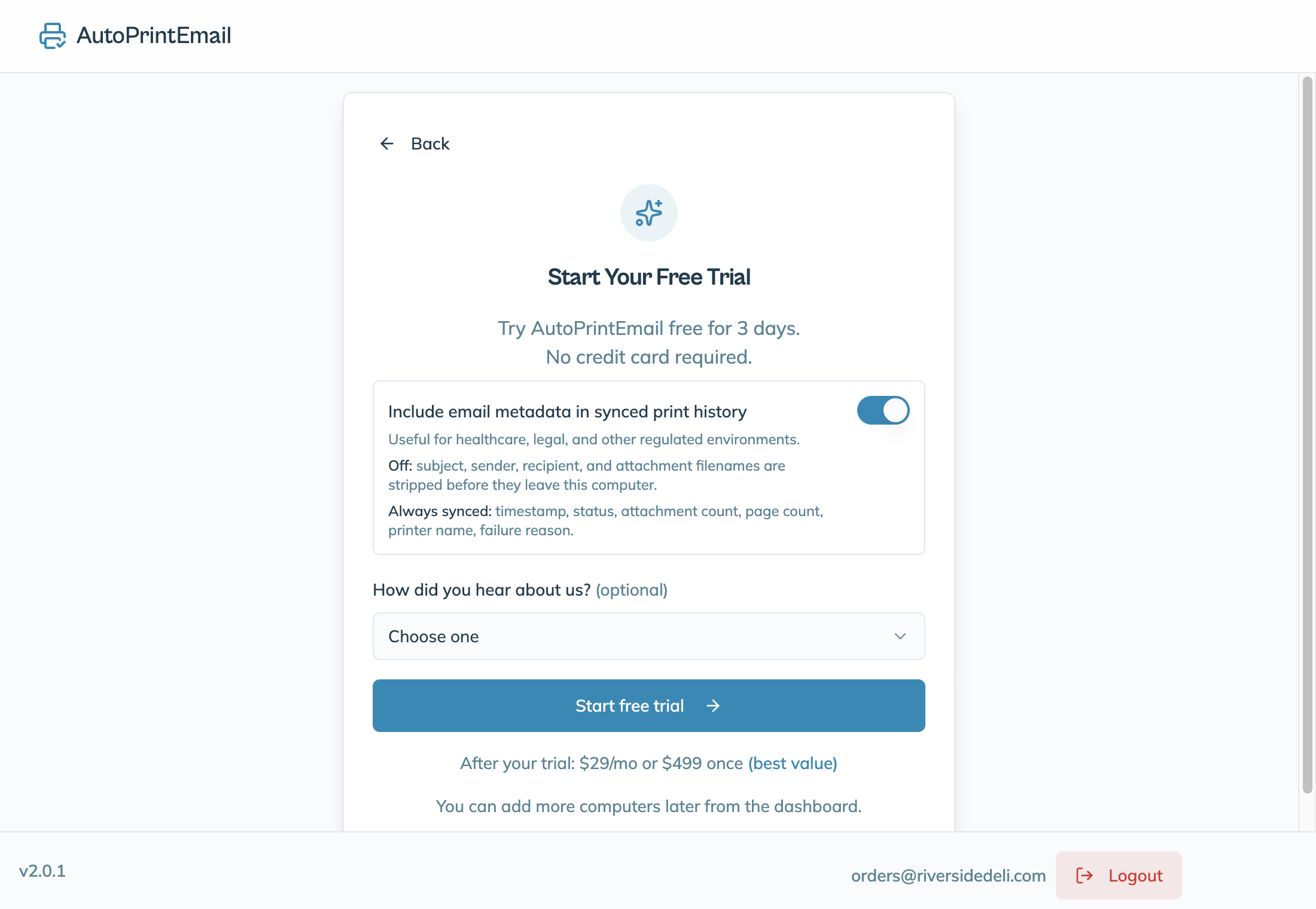 The Start Your Free Trial screen