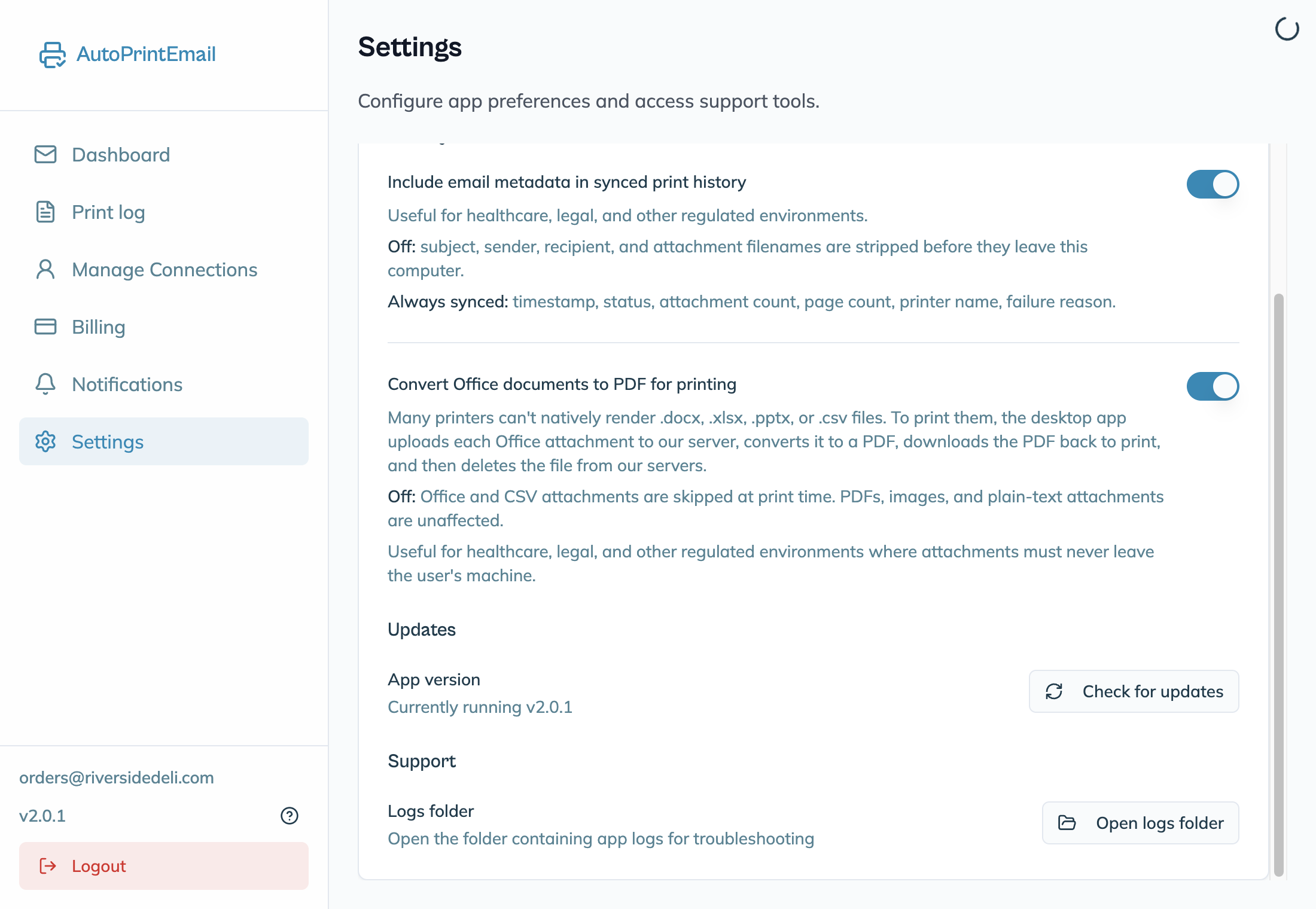 The Updates section of Settings with the app version and Check for updates