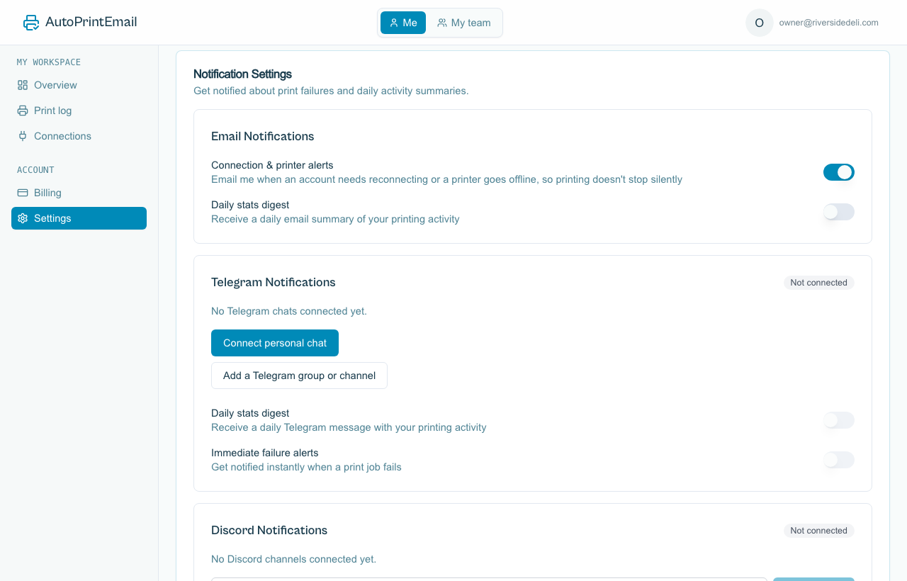 The notification settings page with email, Telegram and Discord