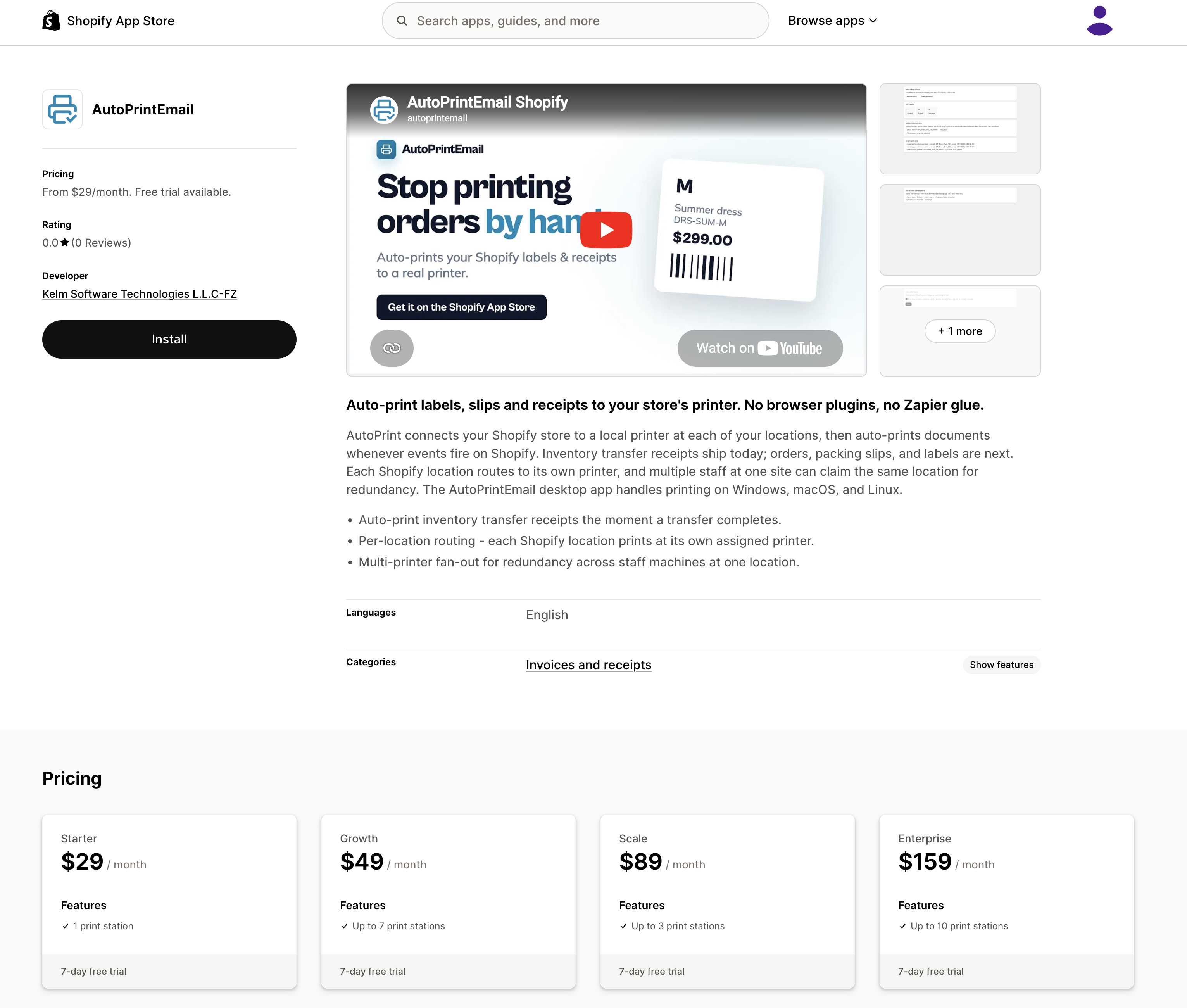 AutoPrintEmail on the Shopify App Store with the Install button
