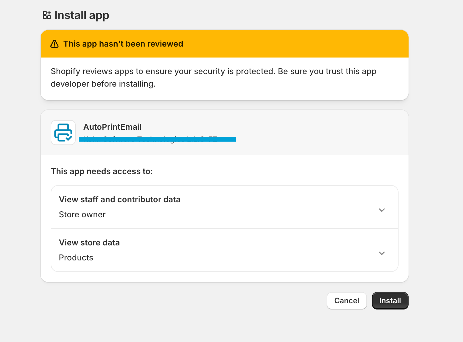 Shopify data-access approval screen for AutoPrintEmail