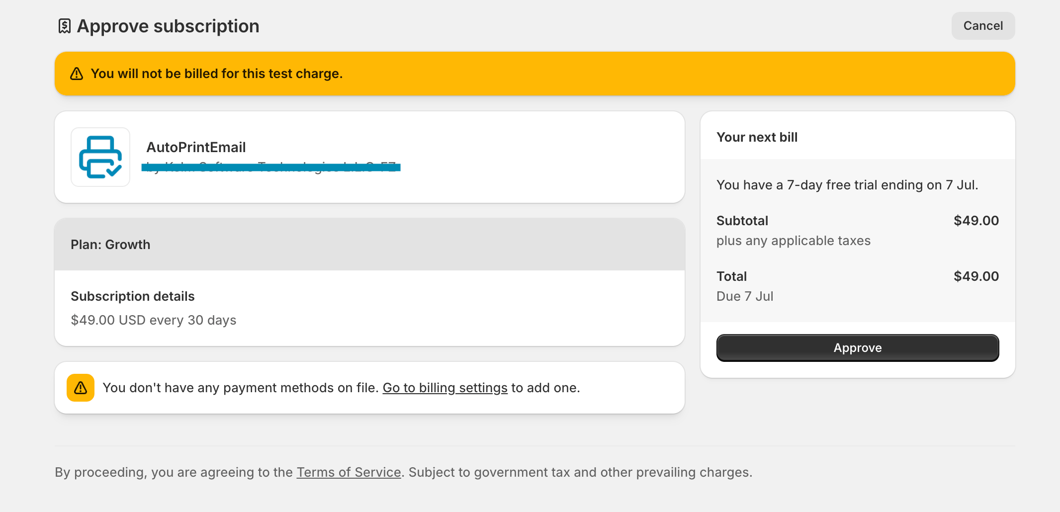 Shopify subscription approval screen