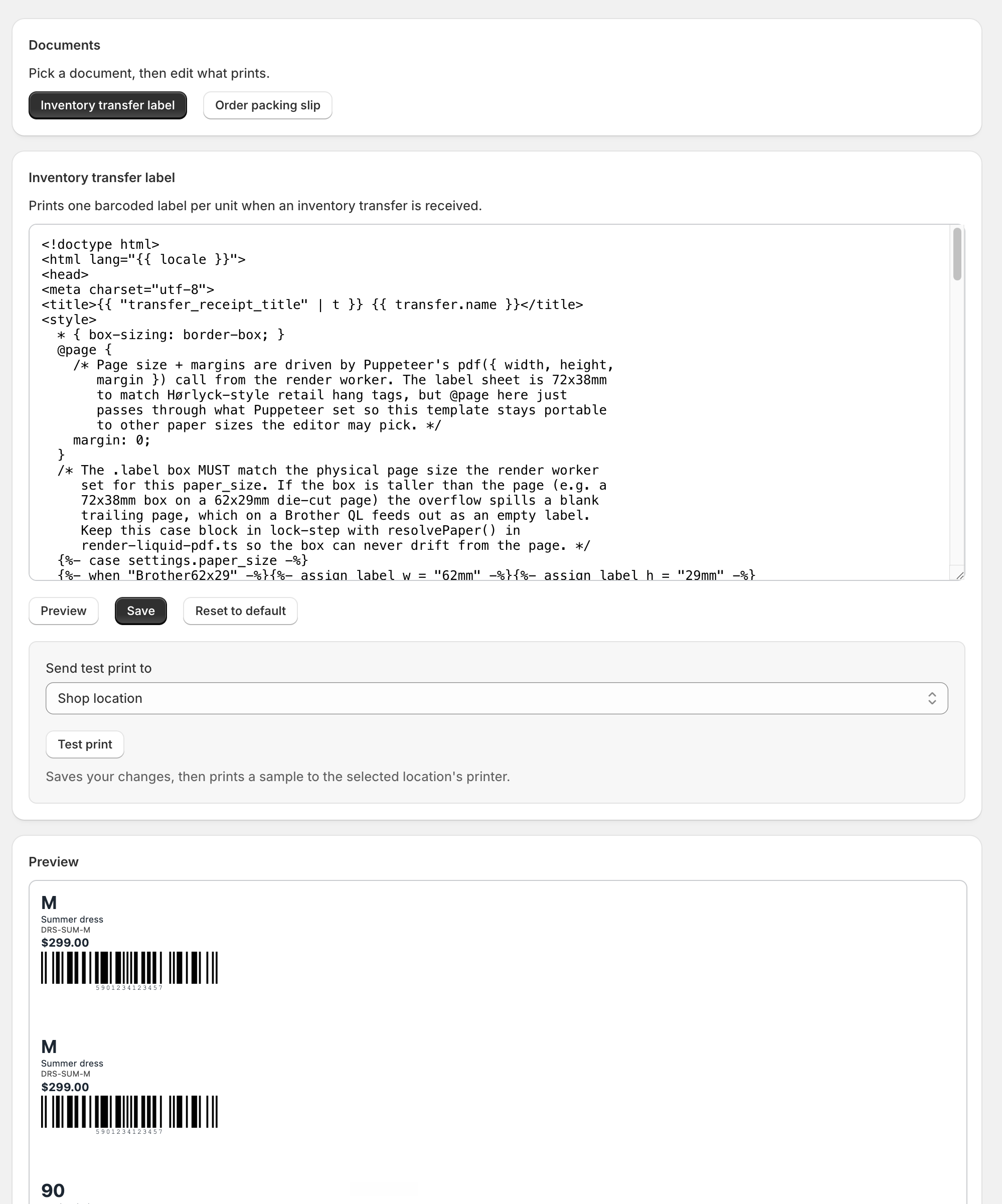 Template editor with the event picker and the label settings