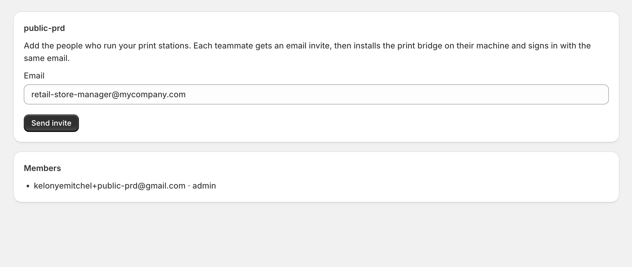 Team page with the invite form and the member list