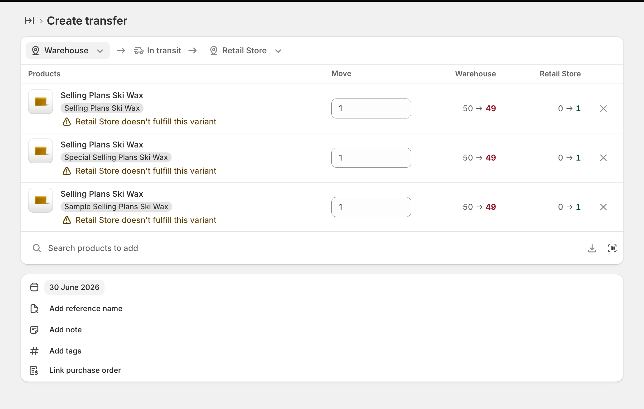 Create an inventory transfer in Shopify