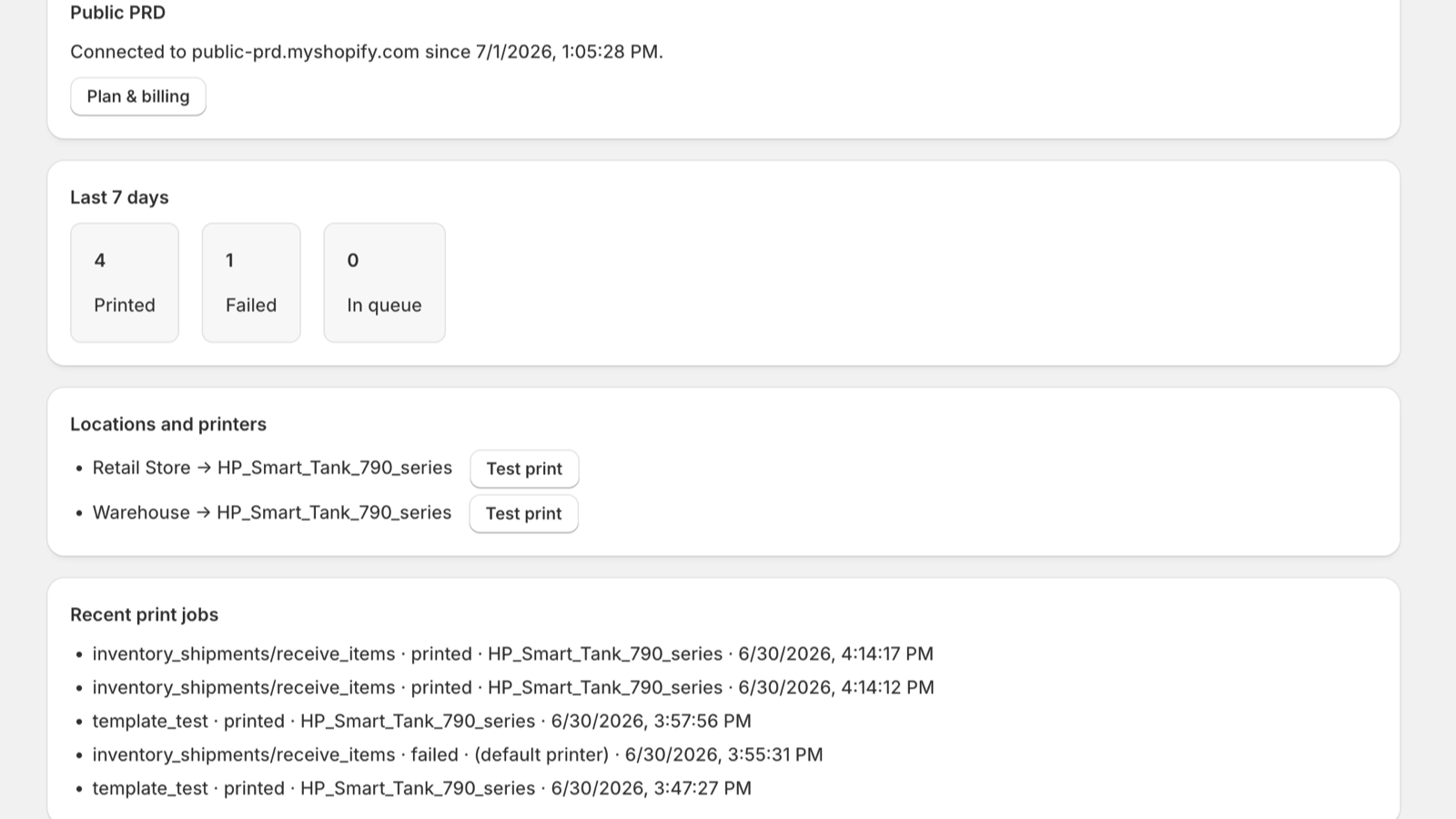The AutoPrintEmail home dashboard inside Shopify with recent prints