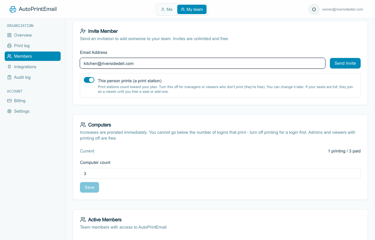 The Invite Member form with an email typed in and the print station switch on