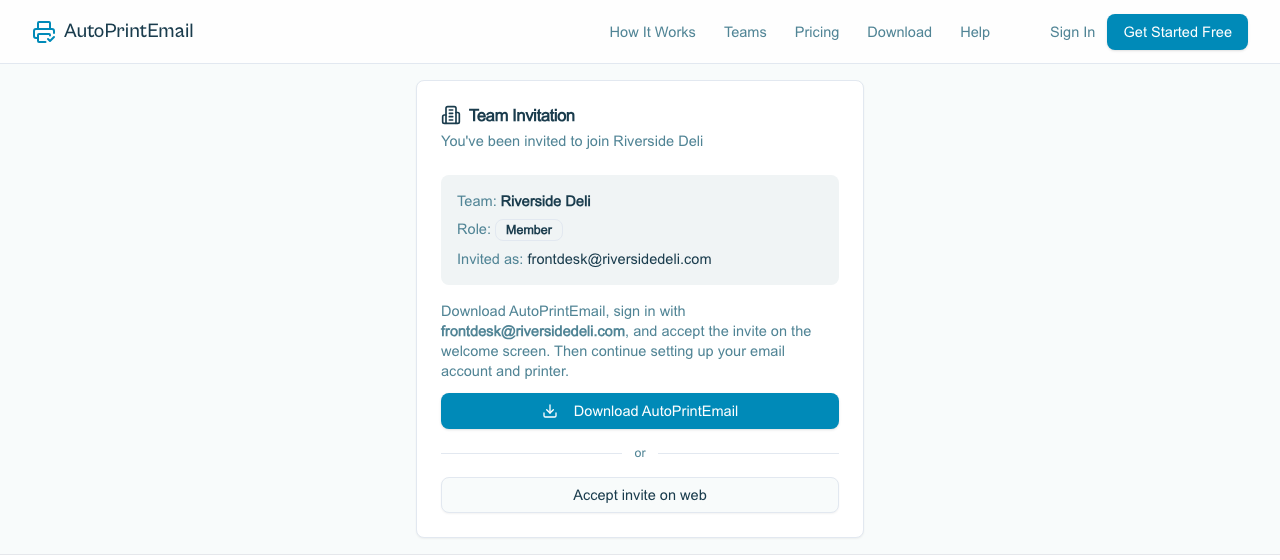 The team invitation page, with the download button and the option to accept on the web