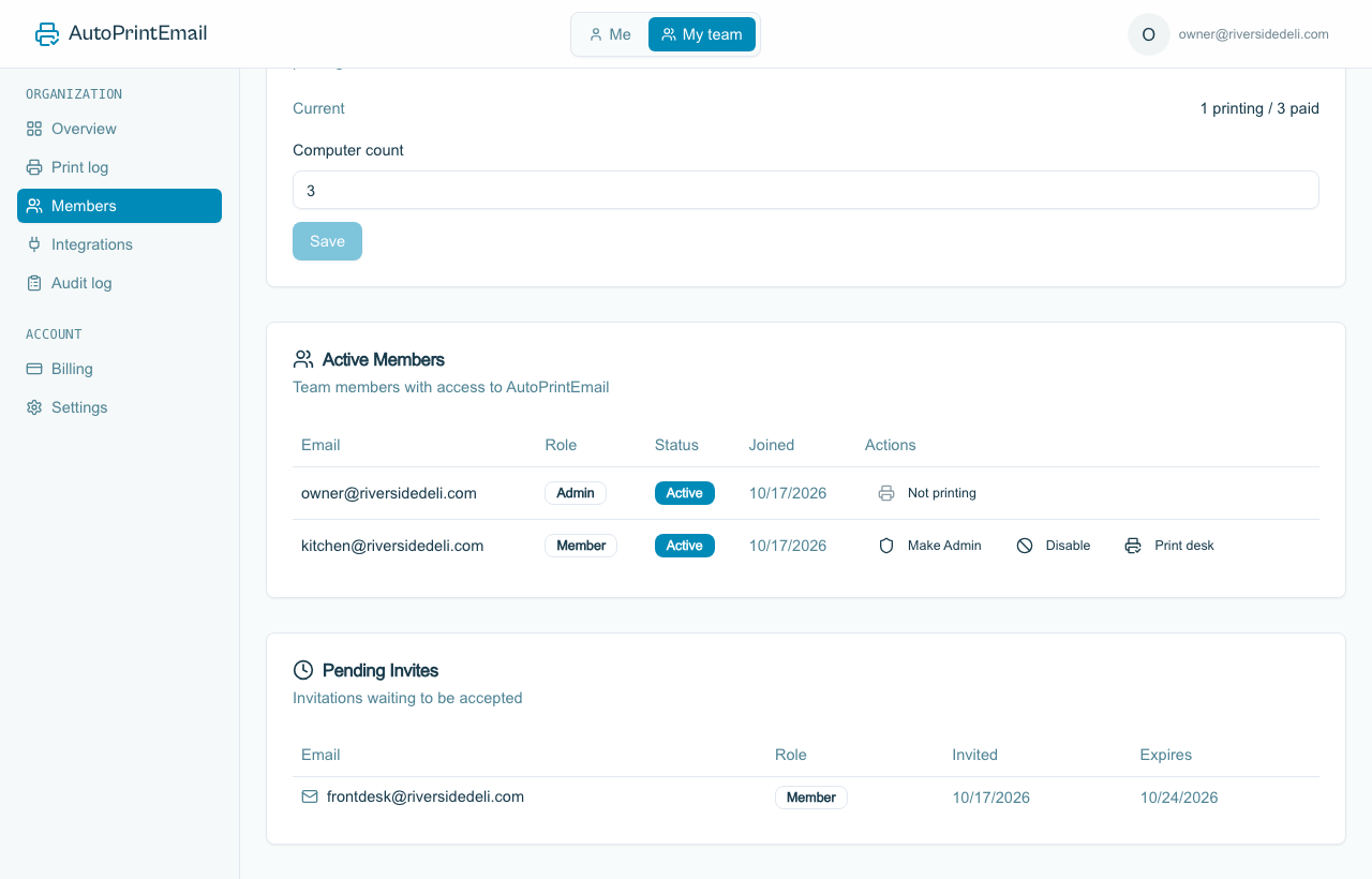 The owner's login marked Not printing in the members list