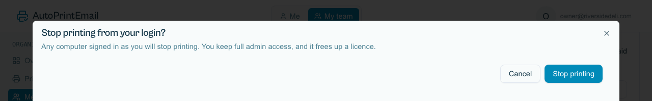 The Stop printing from your login? confirmation on the Members page