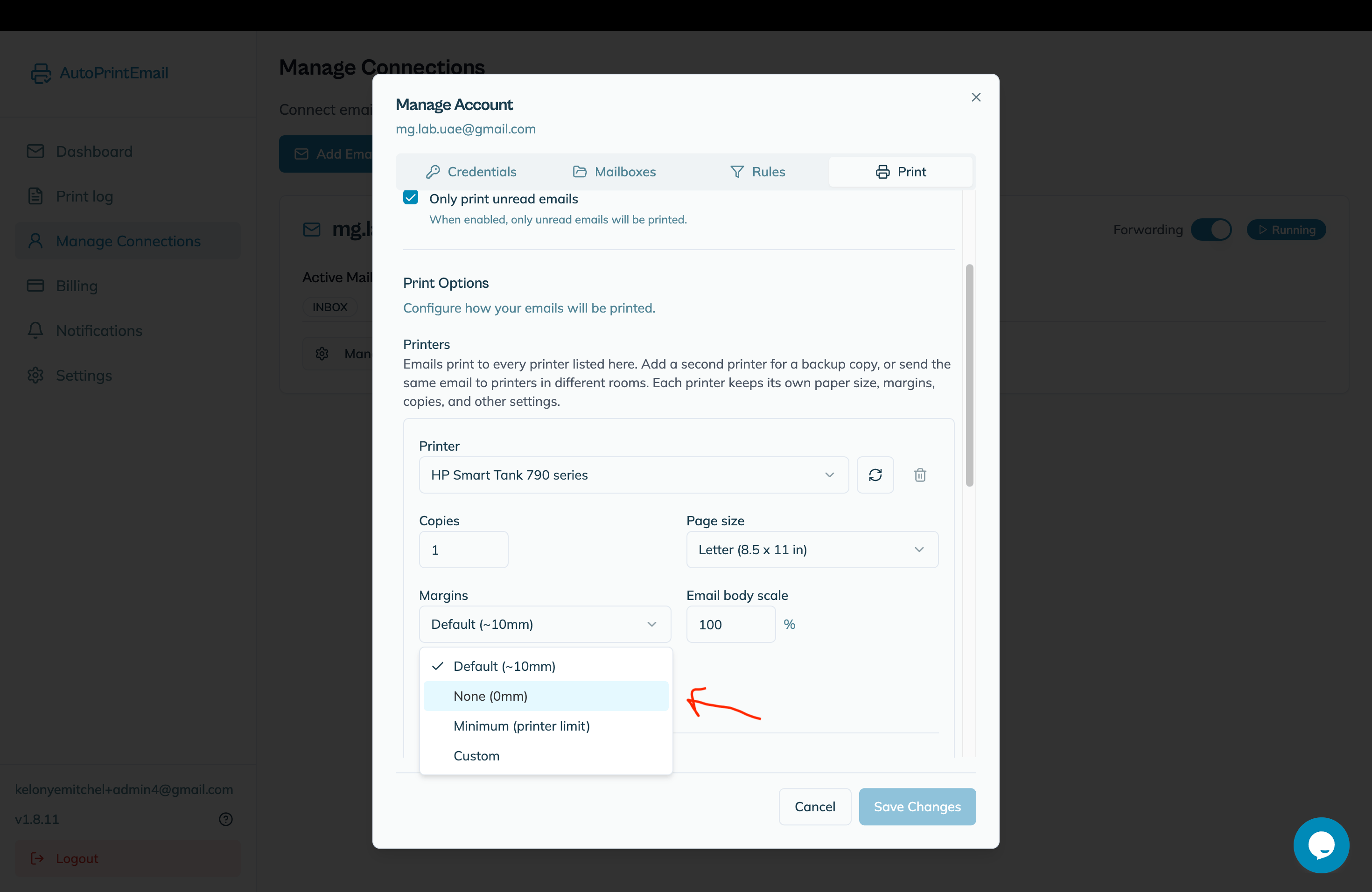 Margins dropdown set to None (0mm) on the printer card