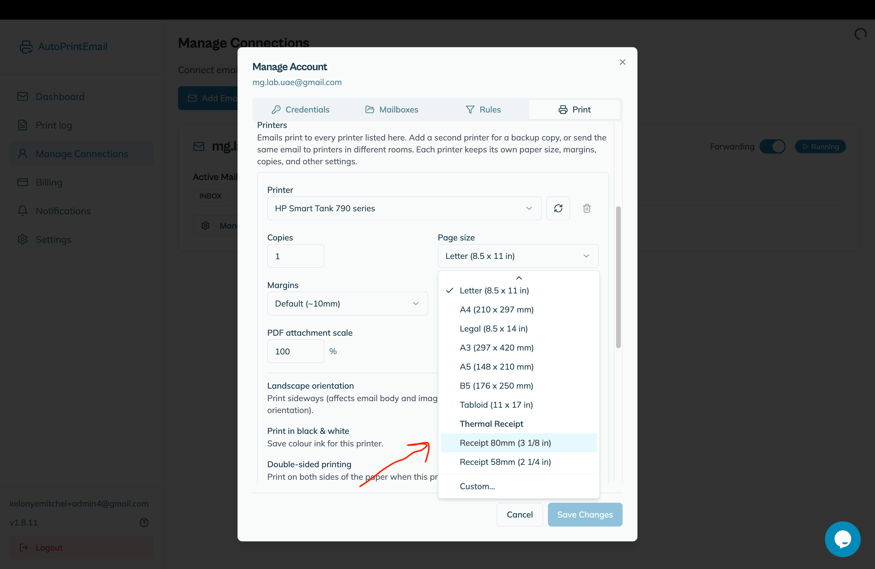 Print Settings page size dropdown with Receipt 80mm selected under the Thermal Receipt group