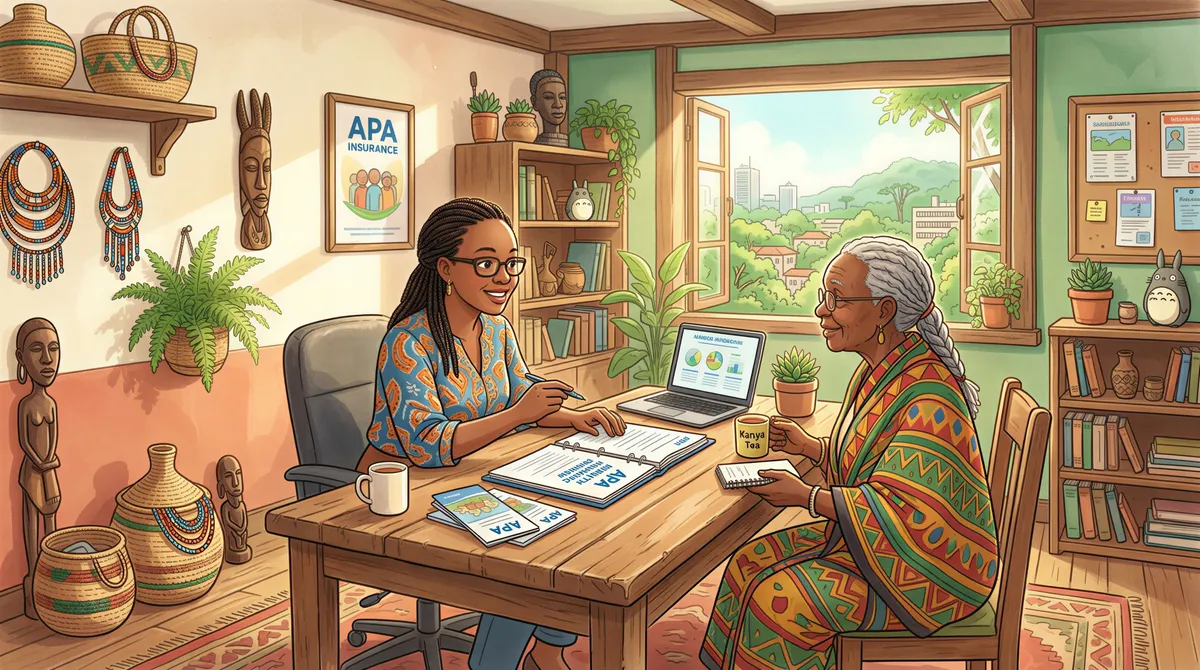 Overview scene of a Kenyan broker explaining APA health insurance