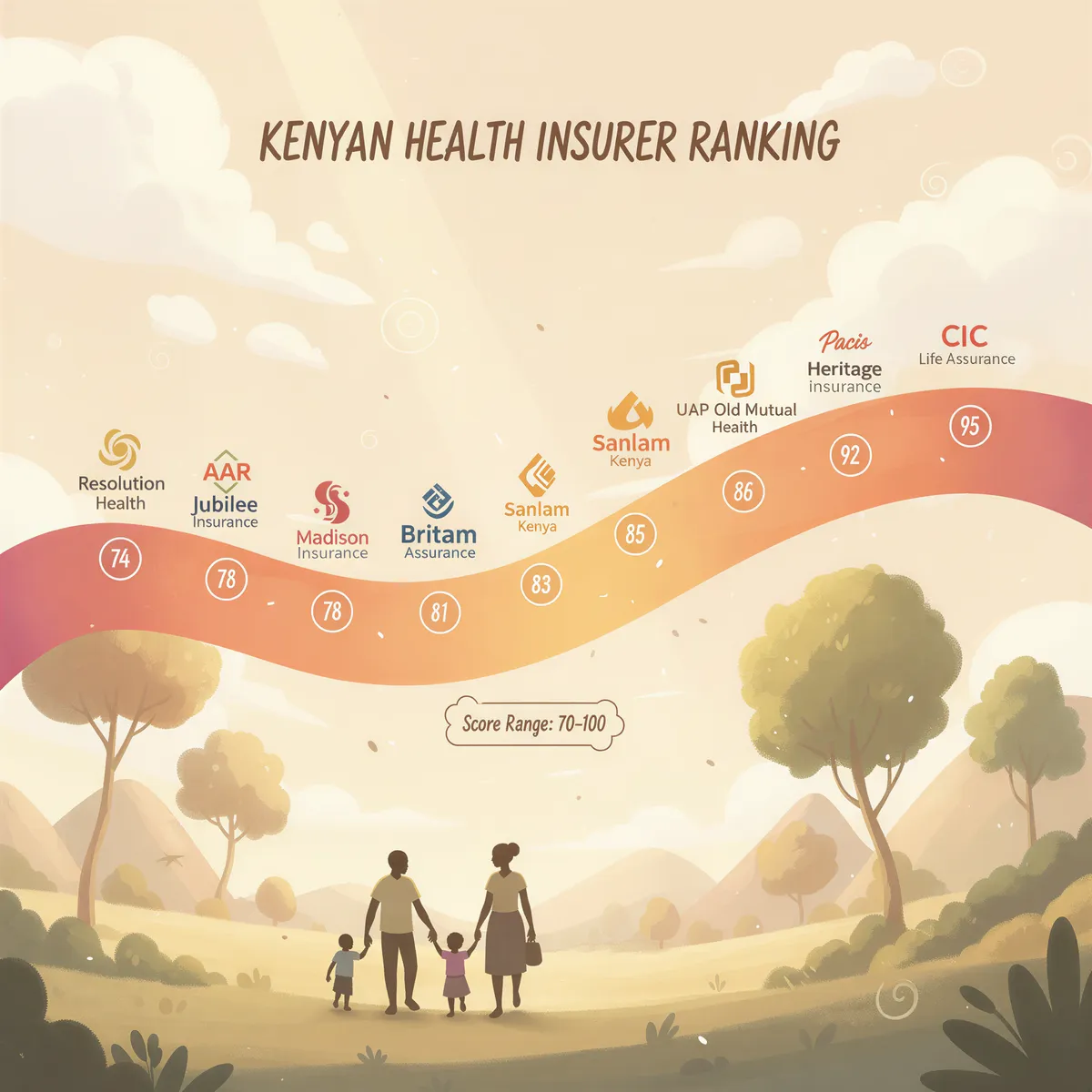 Visual ranking chart showing all 10 Kenyan health insurers positioned on a scale from 70-100 with logos