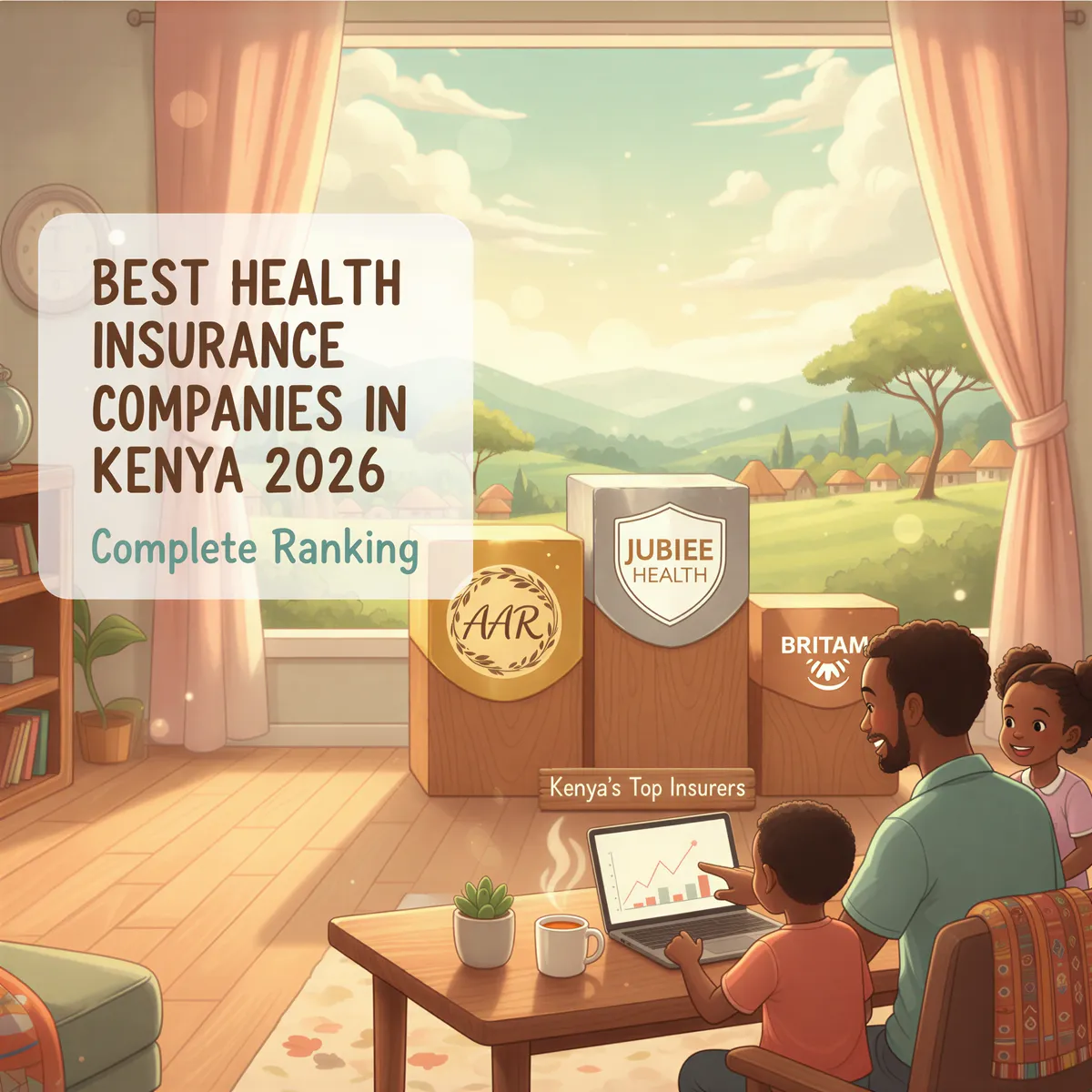 Banner image: Kenya health insurance rankings 2026 in a Studio Ghibli-inspired podium scene with top insurers.
