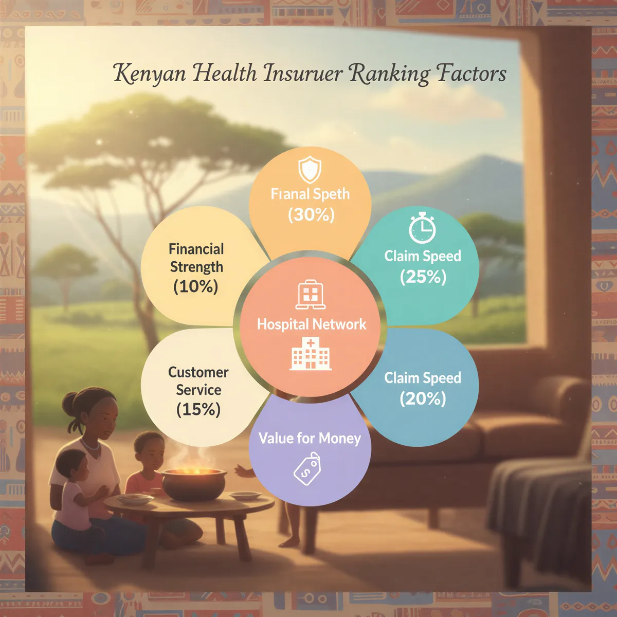 Infographic of ranking factors for Kenyan health insurers: hospital network, claim speed, value for money, customer service, financial strength.