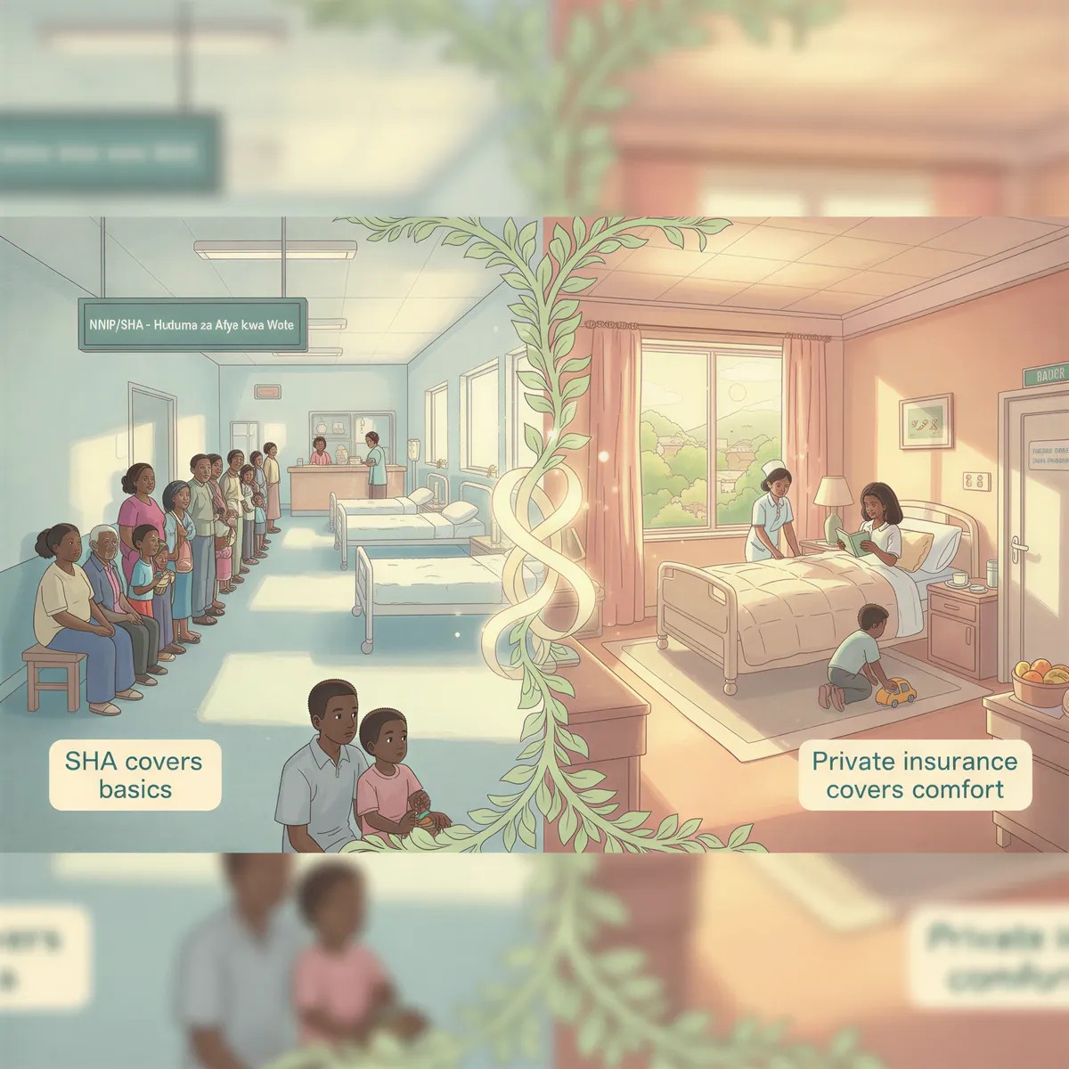 NHIF/SHA vs Private Insurance comparison with a split Nairobi-style scene showing public hospital queues on one side and private hospital comfort on the other.