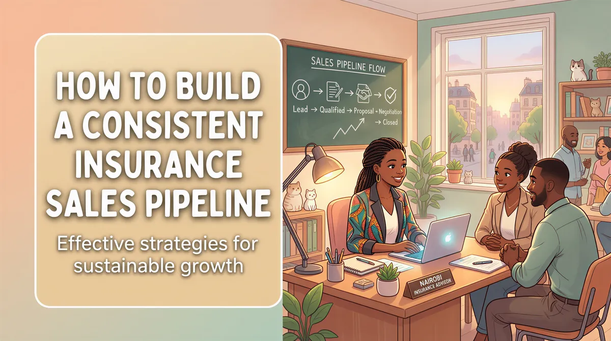 Studio Ghibli-inspired banner for How to Build a Consistent Insurance Sales Pipeline with warm, dreamlike office scene