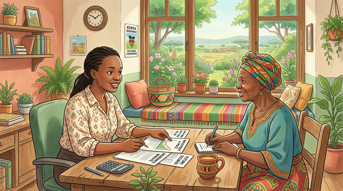 Kenyan insurance client and agent discussing value over price in a cozy office