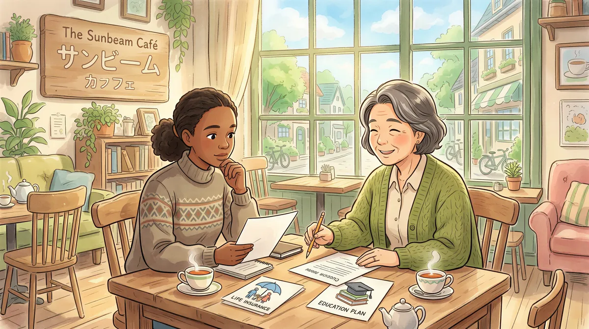 Client considering cross-sell options like life insurance during a review, warm ghibli setting