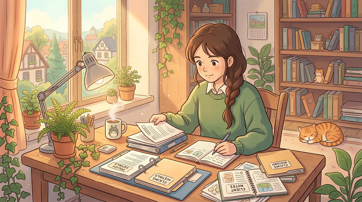 Agent organizing policy details and claims history for a review in a cozy, well-lit office