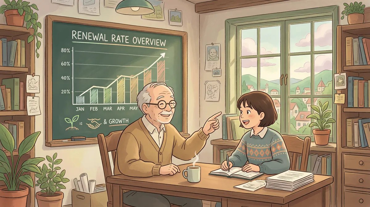 Graph showing renewal rate growth and happier clients in a gentle ghibli-style scene