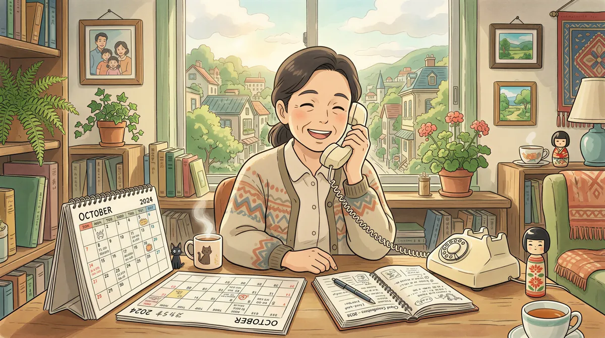 Insurance advisor contacting a client with a calendar and phone in a warm studio ghibli setting