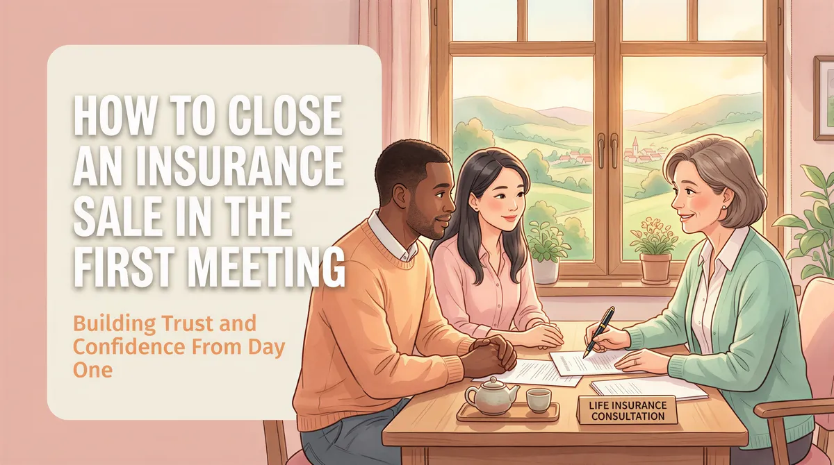 Studio Ghibli-inspired banner for closing insurance sales in the first meeting with warm, inviting tones