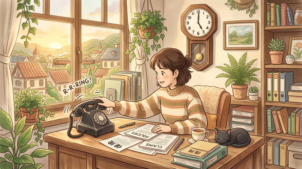 Illustration of cold call reality with a stressed insurance agent at a cozy desk