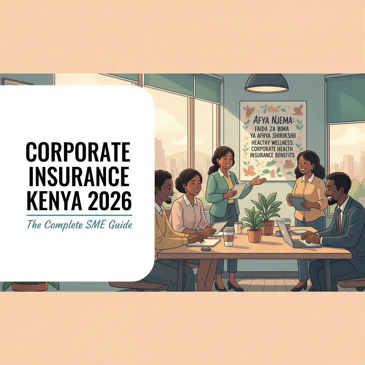Studio Ghibli-inspired banner for Corporate Health Insurance Kenya 2026 SME guide with warm pastel tones