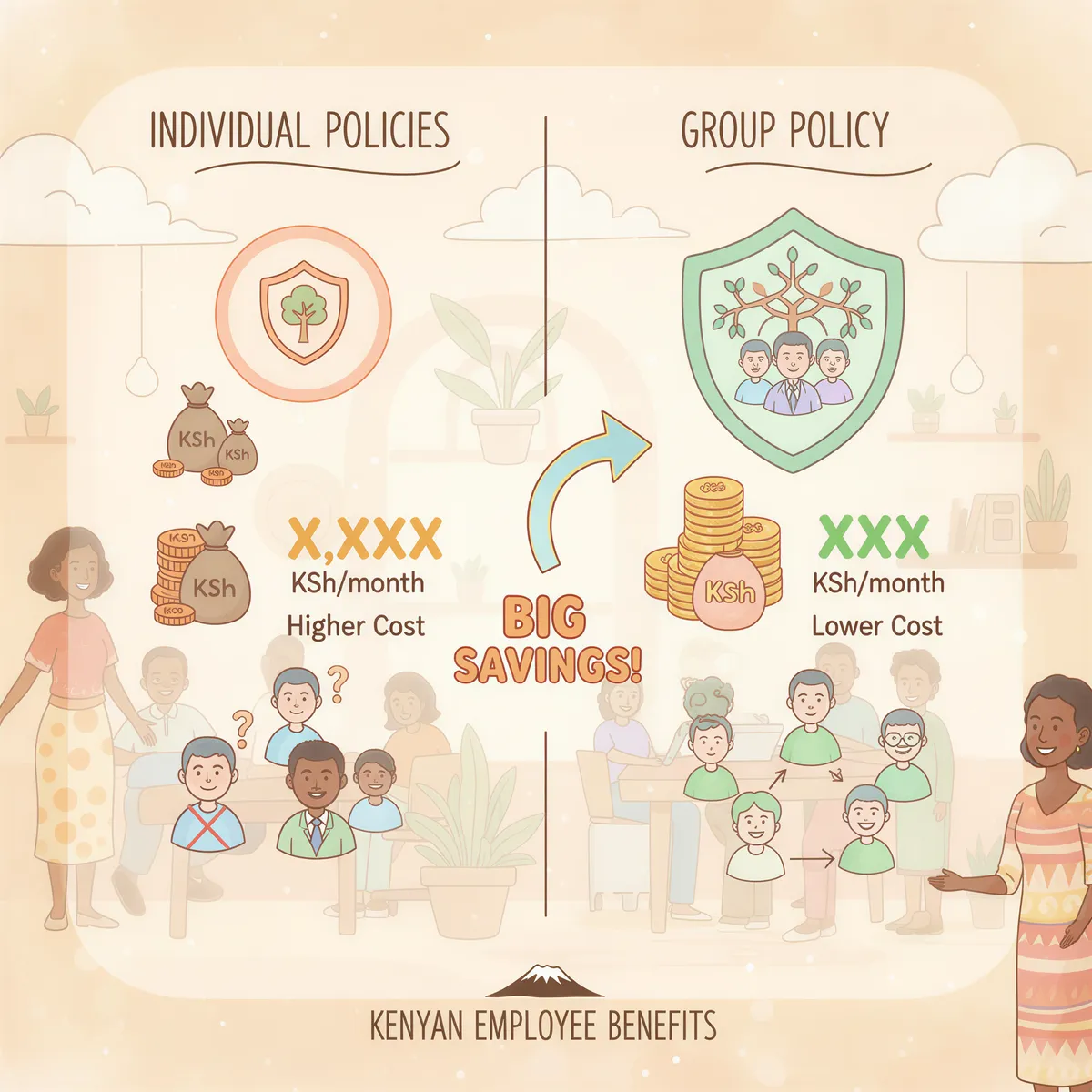 Infographic showing individual policies vs group policy with cost savings highlighted